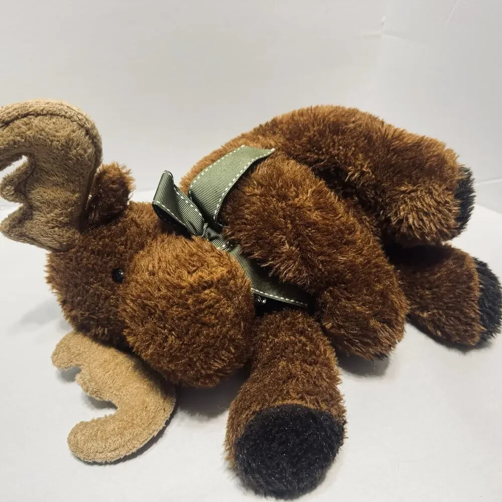 Mary Meyer 12” Sitting Moose Plush Stuffed Animal Brown Green Ribbon Collar